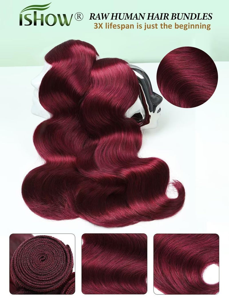 ISHOW Raw Human Hair Bundles, 100% Unprocessed Virgin Human Hair, 15A Body Wave Premium Quality Bundles Producer, 16 Inch Single Bundle, Long Lasting, Red Burgundy Color 99J - Image 3